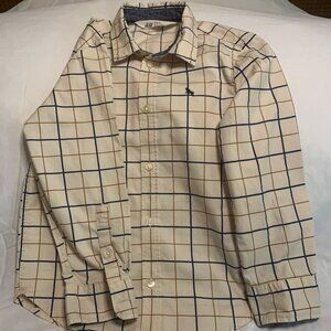 H&M size 6 boys long sleeve button down shir. beige with blue and plaid stripes.